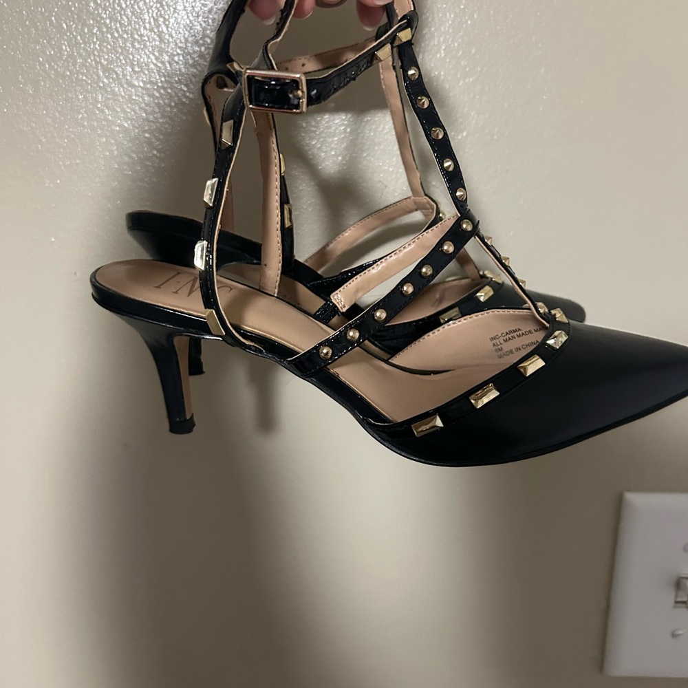 INC International Concepts Black and Gold Strappy Heels